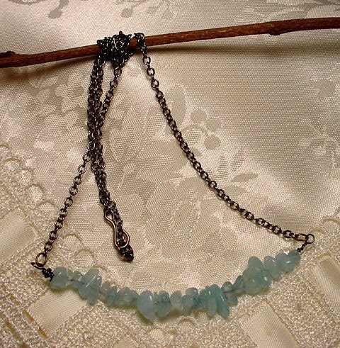 Blue Skies Aquamarine Chip Bead and Gunmetal Chain Necklace