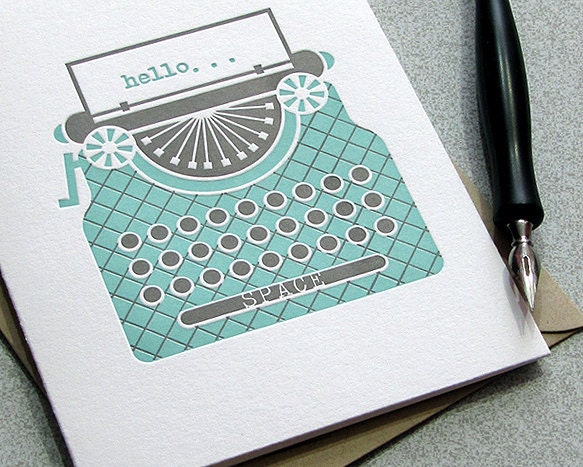 Vintage Typewriter Key Letterpress Card Set - Greeting Card - Light Aqua Blue - 3 pack (GTW01)