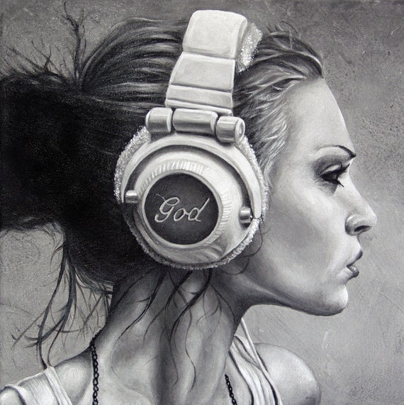 portrait painting of young woman listening to god on headphones framed glicee print