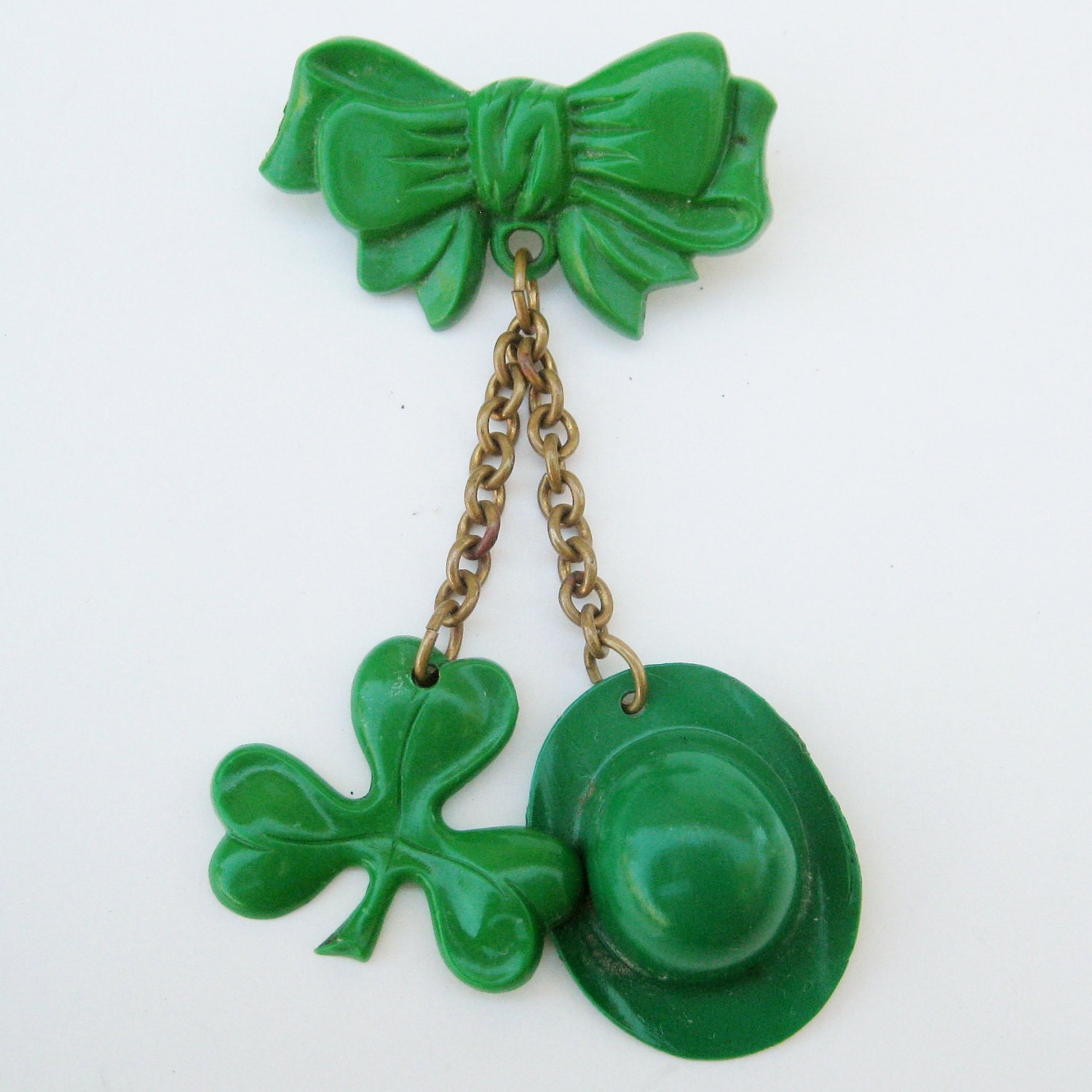 Vintage 30s 40s Luck of the Irish Green Celluloid St. Patricks Day Good Luck Charm Bow Pin Brooch