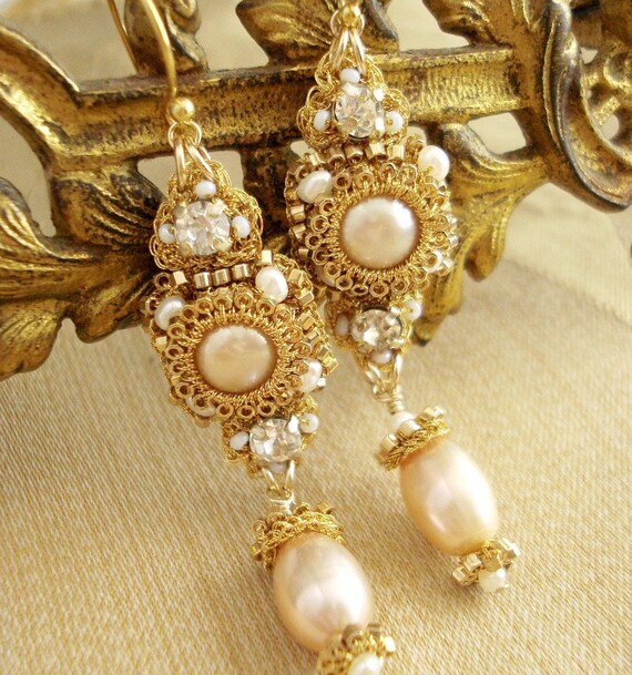 Gold Pearl Drop Earrings- Bridal. Gold Lace. Champagne Pearls. Vintage Rhinestones. Gold Filled/Vermeil. Fall/Winter 2011- SABINA