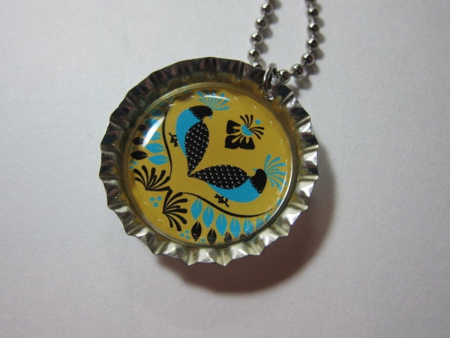 Bottlecap Necklace - Folk Style Birds