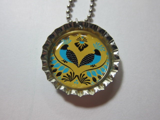 Bottlecap Necklace - Folk Style Birds