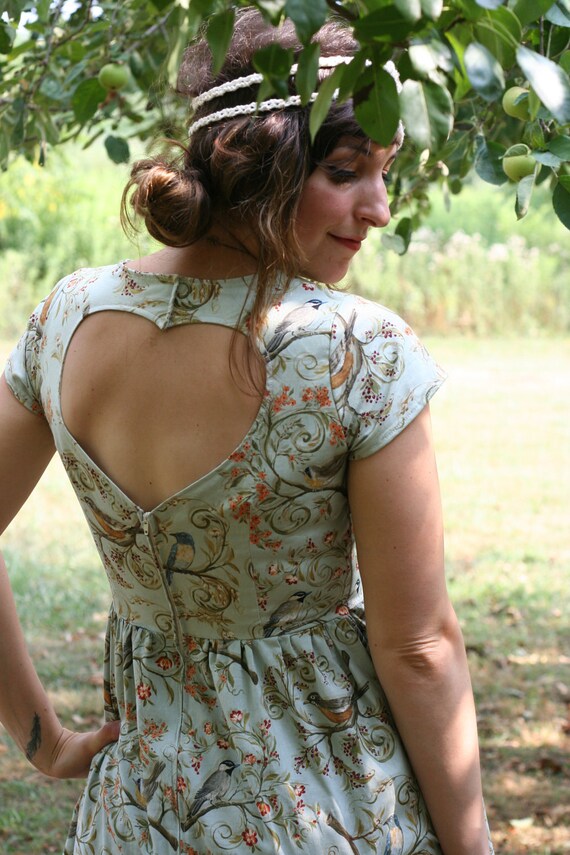 heart cut out dress- handmade dress in woodland blue bird