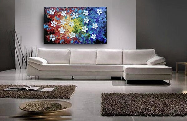 ORIGINAL Flower Painting Abstract Landscape Artwork white daisy Heavy Textured 48x24 Modern Contemporary art Made to Order by OTO