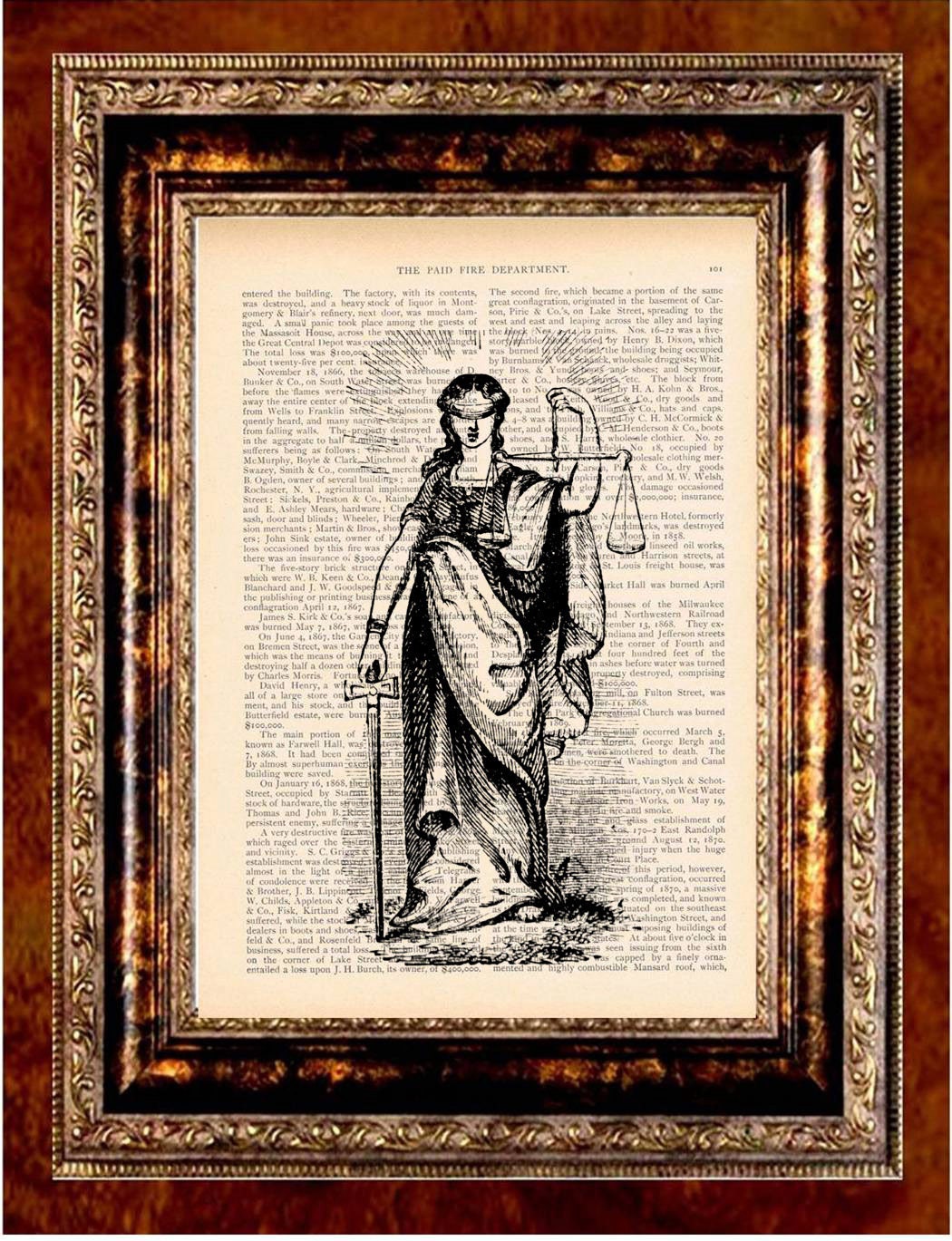 LADY JUSTICE Vintage Art Print Antique 1800's Book Page or Dictionary Page Upcycled Recycled