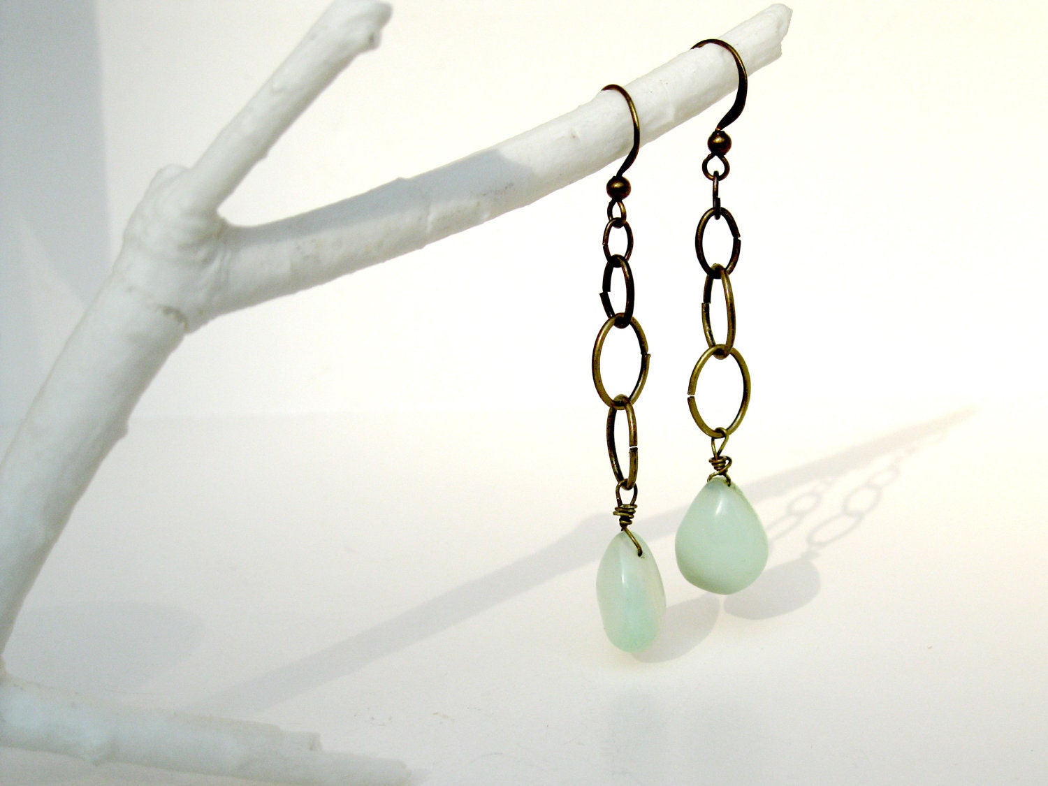 RESERVED for the One-Beloved.Blogspot.com Contest Winner-Dangle Chalcedony Earrings in Antique Brass - Dangling over Water