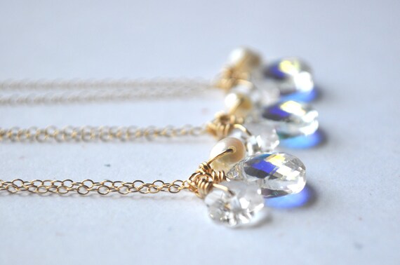 Bouquet Necklace  - swarovski crystal & pearl cluster gold filled necklace - simple bridal or everyday jewelry - adencreations