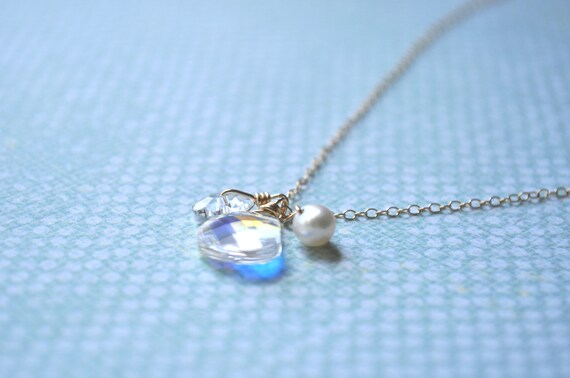 Bouquet Necklace  - swarovski crystal & pearl cluster gold filled necklace - simple bridal or everyday jewelry - adencreations