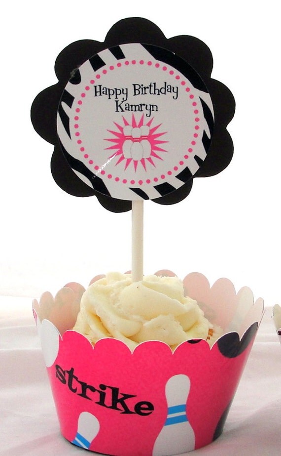 Zebra and Pink Bowling cupcake Kit for Girl Bowling Birthday Party