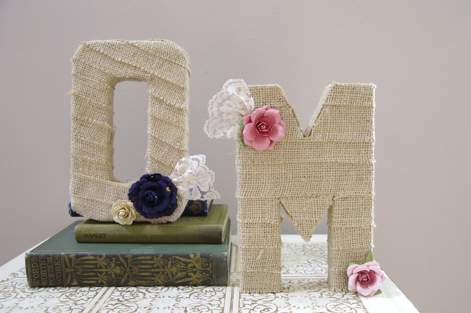 Burlap wrapped letter M - wedding decoration monogram for cake topper, table centerpiece