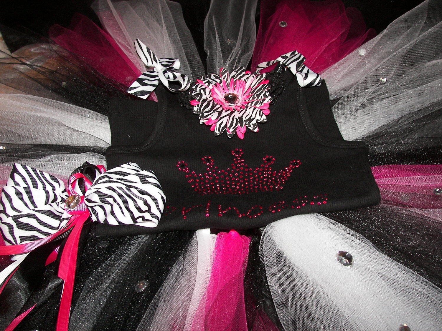 Hot Pink Princess BLING Tutu Set--Zebra Style-Matching jeweled flower