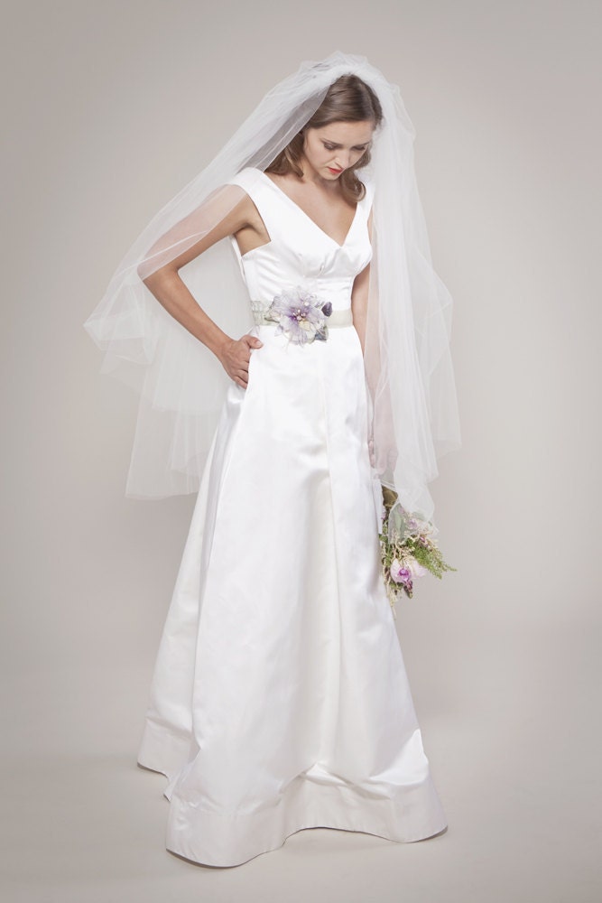 Classic Wedding Dress Pleated Taffeta Vneck and Flounce Aline Skirt