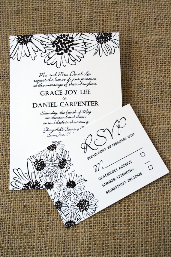 Elegant Black and White Flowers Wedding Invitation Daisy or custom colors