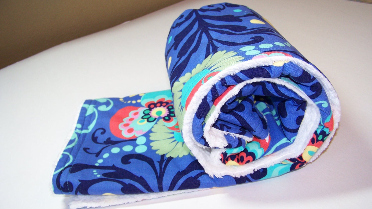 Chenille Baby Blanket , 32 x 35 Amy Butler Love Paradise Design in Periwinkle Blue with Floral Motif