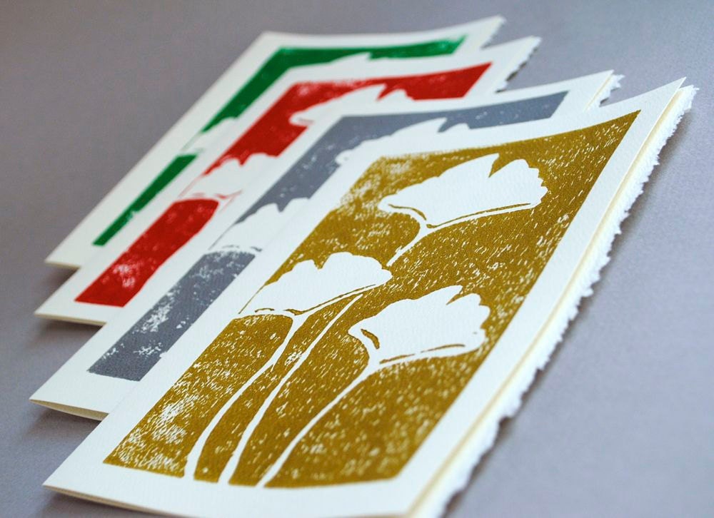 Blank Notecards Set - Ginkgo Leaves - 5 x 7 inches - Red, Silver, Green and Gold