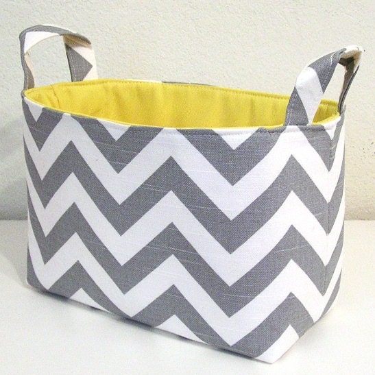 Chevron Gray White Slub Zig Zag Yellow Accent Fabric Organizer Bin Basket