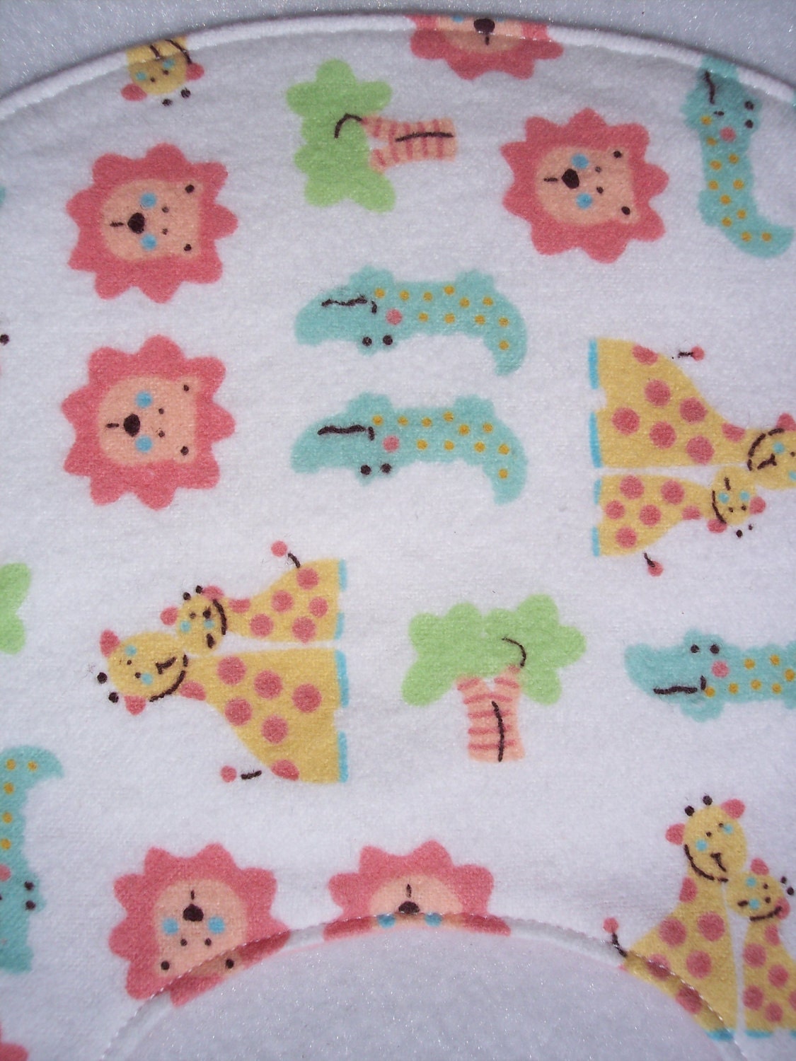 Baby bib, four soft layers, reversible, white with zoo amimals