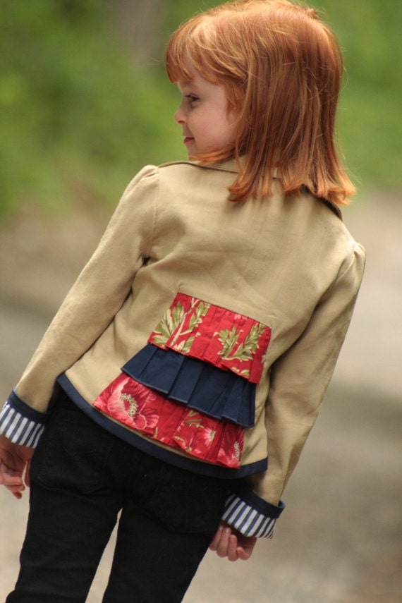 Girls Linen Blazer Custom Boutique Hand-made, sizes 2 - 10 years tan, red, navy Ruffle  - MCCLAIRE -