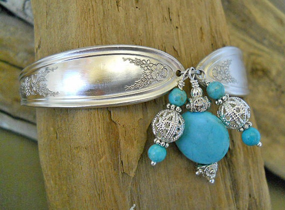 Spoon Bracelet - Ardsley 1921 Silver Plated Spoon Bracelet with Turquoise Stone Beads