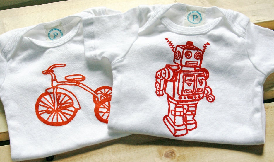 Trike and Robot. Onesie Bodysuit Set of Two. Hand Screen Printed.