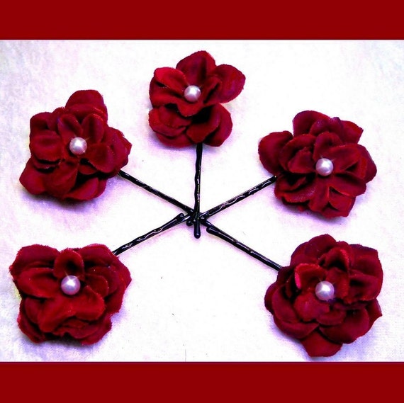 hair accessories Burgundy wedding flower Hair Pins flower Rose Swarovski 