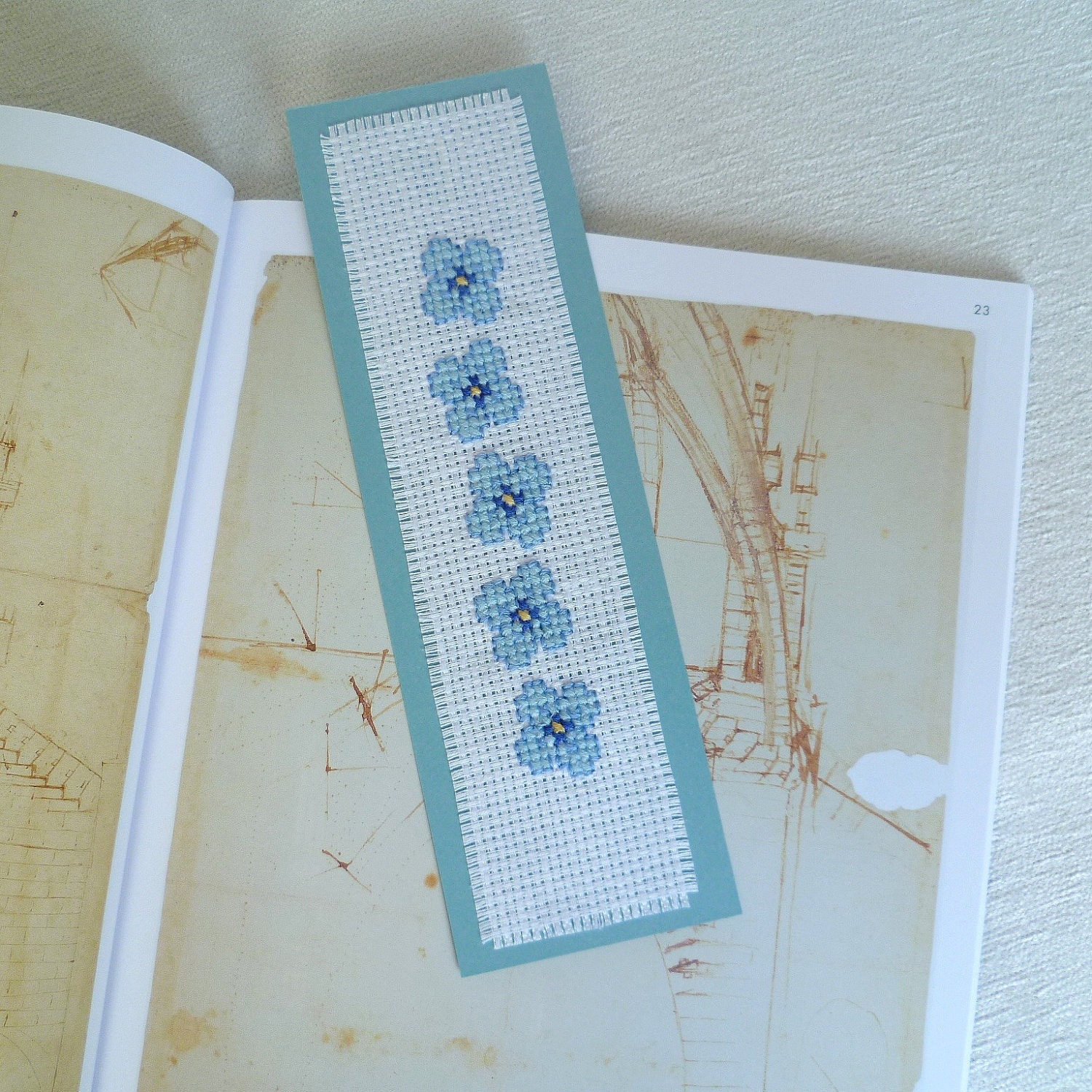 Blue Cross Stich Bookmark Blue Flower Motif