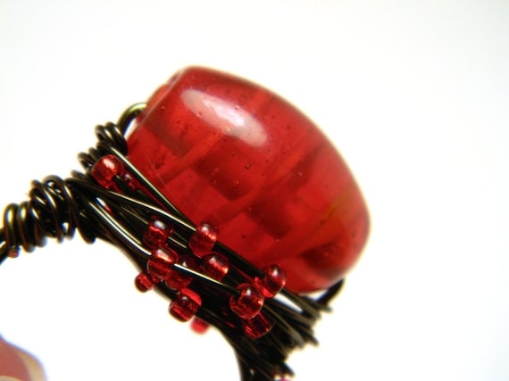 Bright Red Swirl Glass Bead Gun Metal Wire Wrapped Ring
