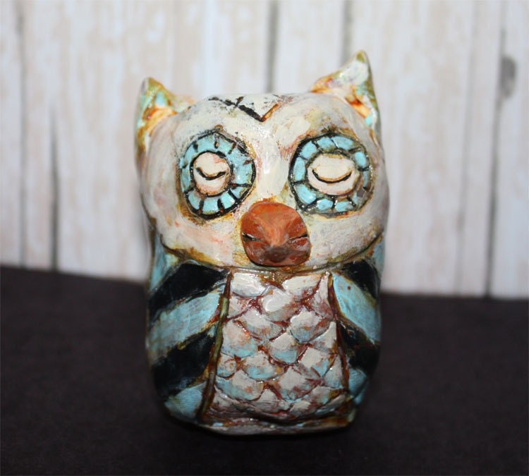 owl Folk Art clay sculpture primitive style  antique finish for halloween decor
