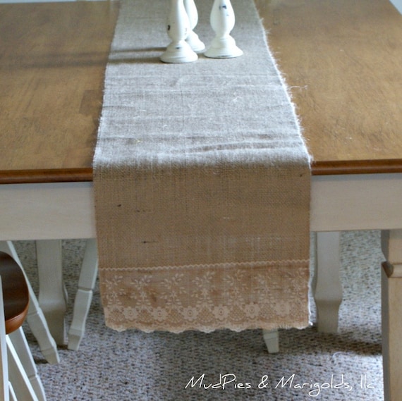 Burlap and Lace Table Runner, 11' x 72" size, rustic, shabby chic, cottage, farmhouse chic