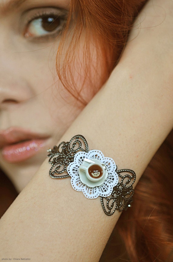 Filigree Bracelet, Tea Cup and Shabby Lace Doily "La Petite", Miniature Food Jewelry