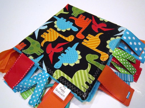 Ribbon Sensory Baby Boy Blanket  Lovey - Urban Zoologie Part 2  Dinos on Black and Minky