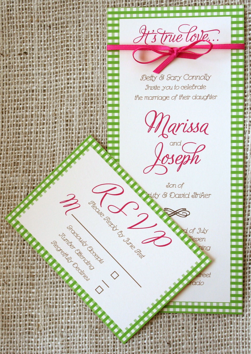 Gingham Country Wedding Invitation with Ribbon, Long: 9 by 4 inches- Modern Design
