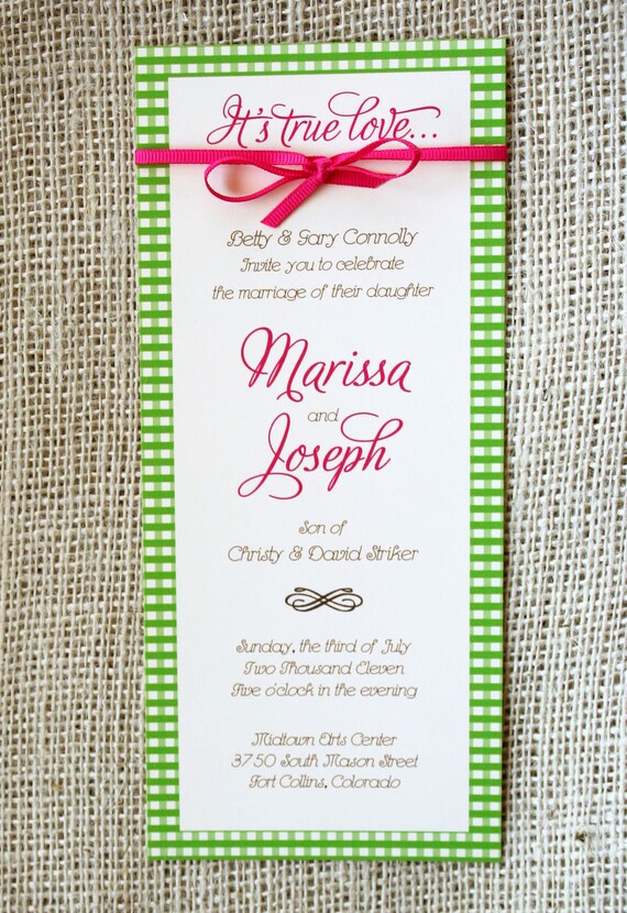 Gingham Country Wedding Invitation with Ribbon, Long: 9 by 4 inches- Modern Design
