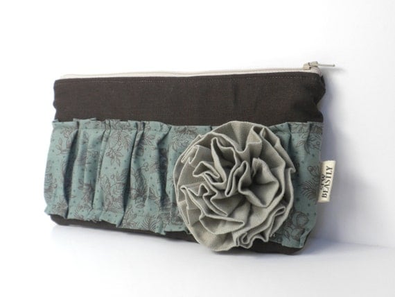 Large Linen Clutch With Ruffles & Hand-sewn Flower: The Obnoxious One In Chocolate Dream