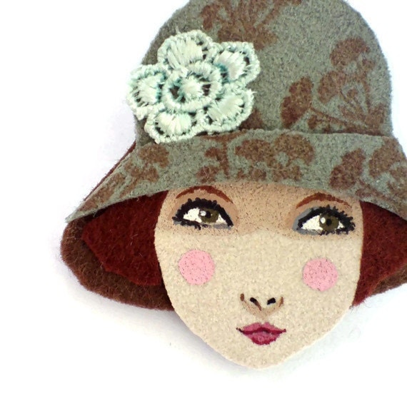 Fabric brooch - Joy, Floral cloche hat girl, Autumn, pale sage, copper, wearable art