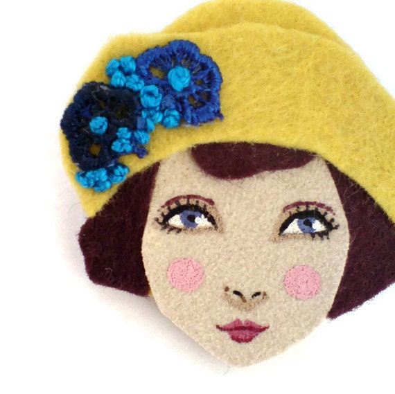 Felt brooch - Louise, 1920s girl, yellow, burgundy, blue, woman face