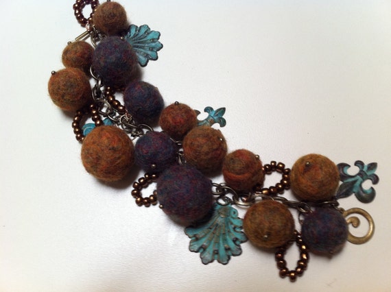 Bracelet Patina Embellished Felted Ball and Beads