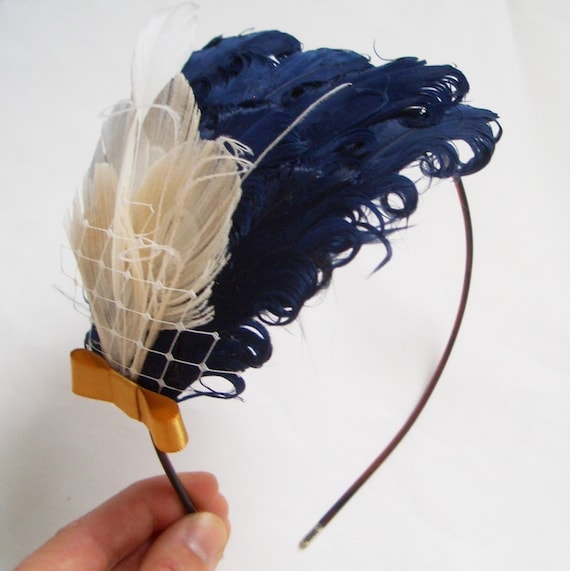 BRISTOL- Navy Blue Ivory and Gold Curled Goose Peacock Feather Headband
