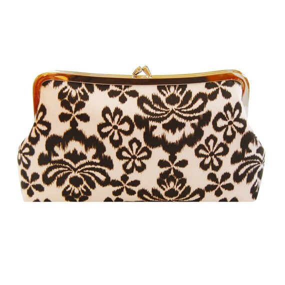 Clutch purse with ikat damask in chocolate brown