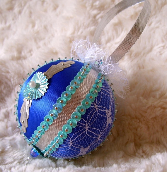 Blue Satin and White Tulle Sequined Christmas Ornament