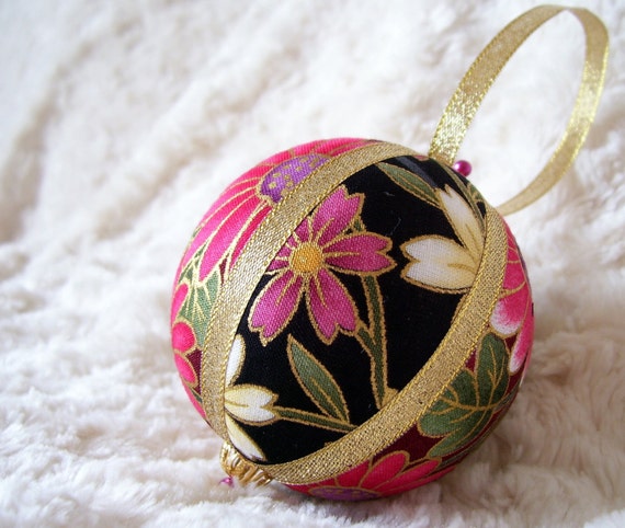 Pink Gold and Black Japanese Floral Kimekomi Christmas Ornament