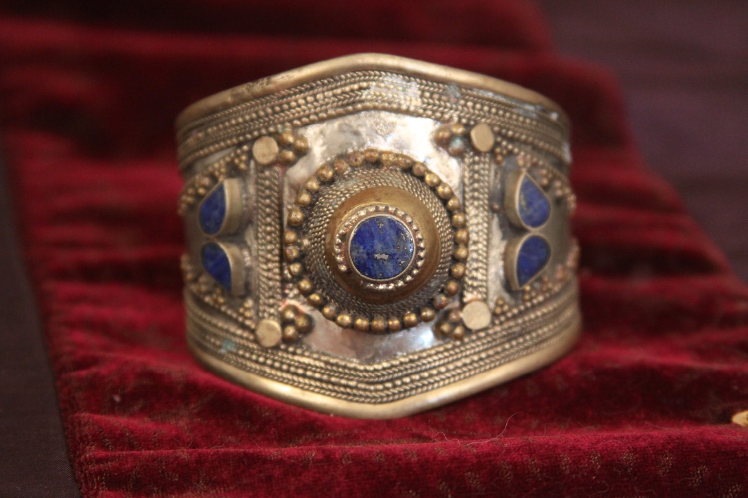 Tribal cuff bracelet -- wide with pointed shape -- natural lapis lazuli stones -- old Afghan tribal  FREE SHIPPING SALE