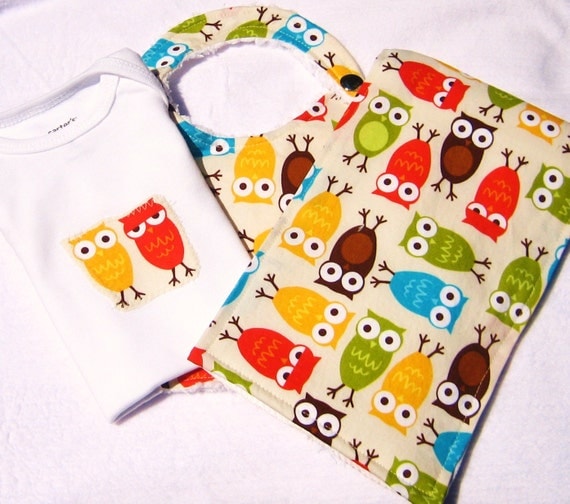 baby gift set owl bodysuit bib burp cloth