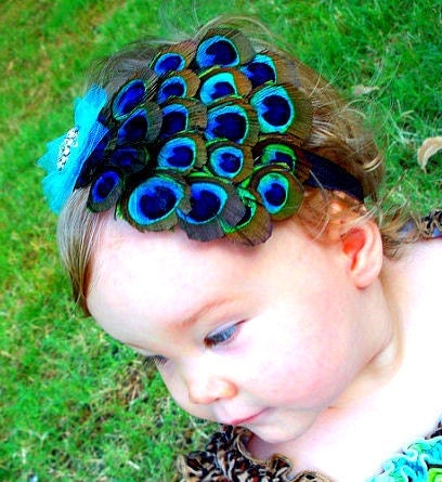 PEACOCK FEATHER HEADBAND Turquoise & Brown.... fits newborn baby, toddler, big girl or women