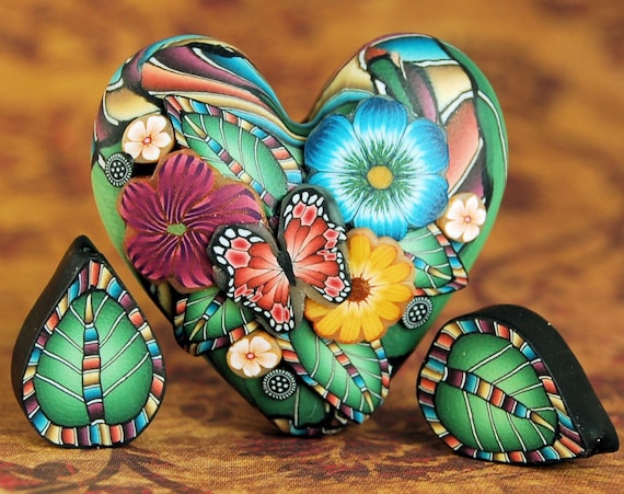 Polymer Clay Dimensional Heart Focal Bead with 2 Matching Leaf Beads