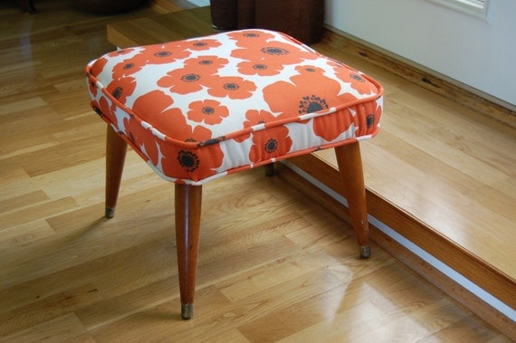 Mid Century Modern Up Cycled Footstool / Ottoman in Mod Orange Poppy Floral