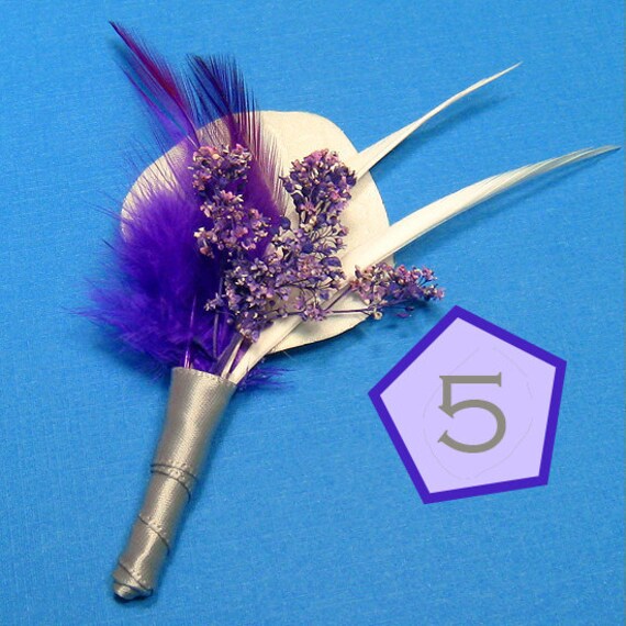 5 Feather boutonnieres purple and white weddings Verona 39s Garden