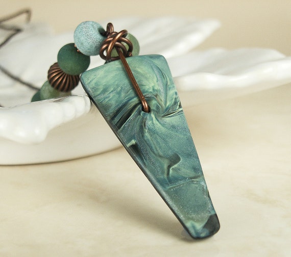 Polymer Clay Pendant Beaded Necklace featuring Green Swirl Spear Design
