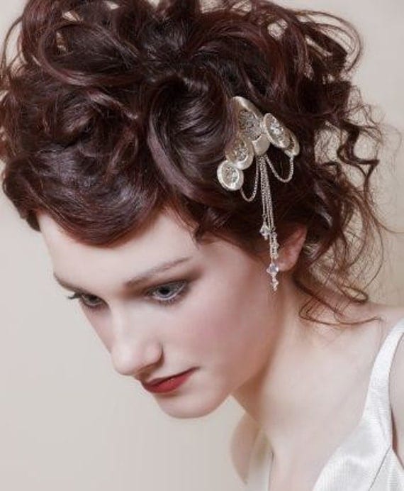 Art Deco style silver hair comb with draped chains From LucyMarshallVintage